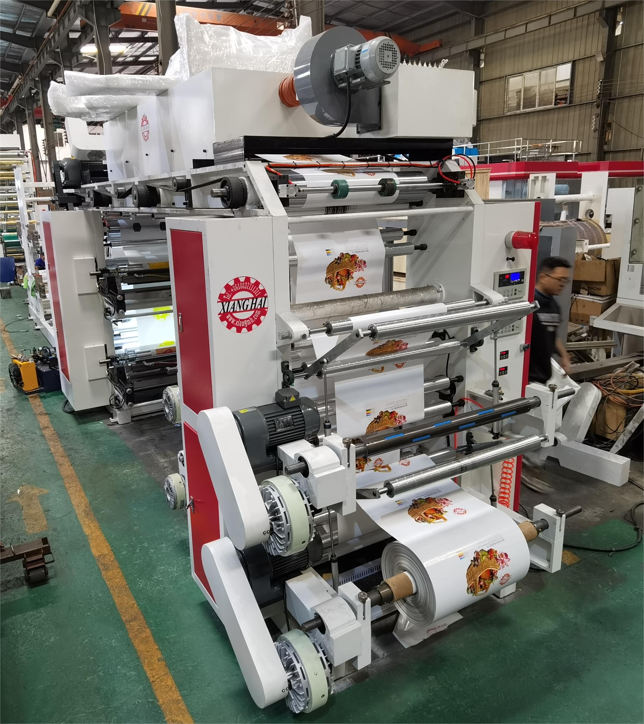 Mexico customer online test machine，Four colors double unwinder and double winder flexographic printing machine.